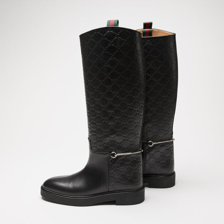 Gucci Black GG Embossed Monogram Leather Edith Riding Boots Size 40