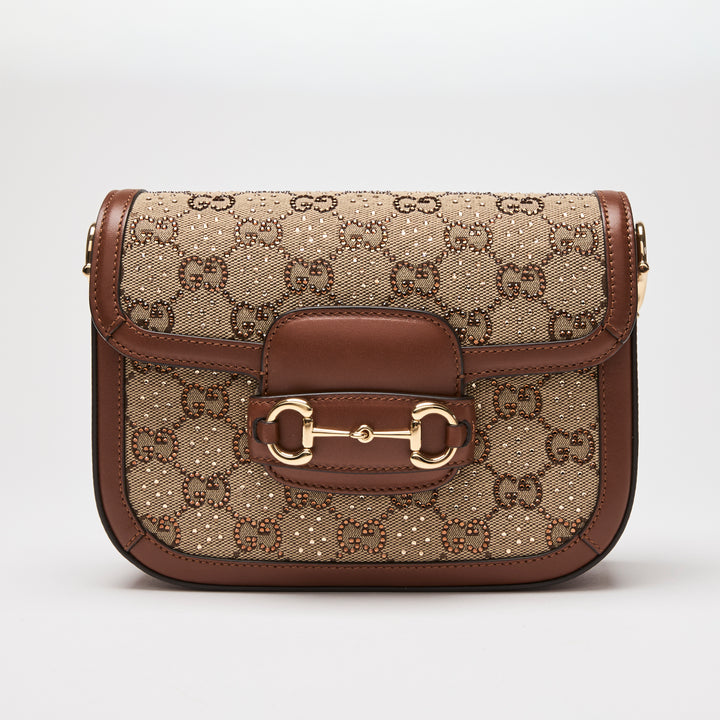 Gucci Brown Crystal GG Supreme Canvas & Calf Leather Horsebit 1955 Small Shoulder Bag