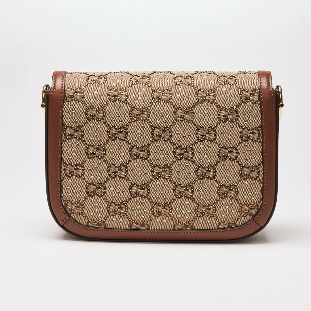 Gucci Brown Crystal GG Supreme Canvas & Calf Leather Horsebit 1955 Small Shoulder Bag