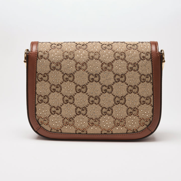 Gucci Brown Crystal GG Supreme Canvas & Calf Leather Horsebit 1955 Small Shoulder Bag