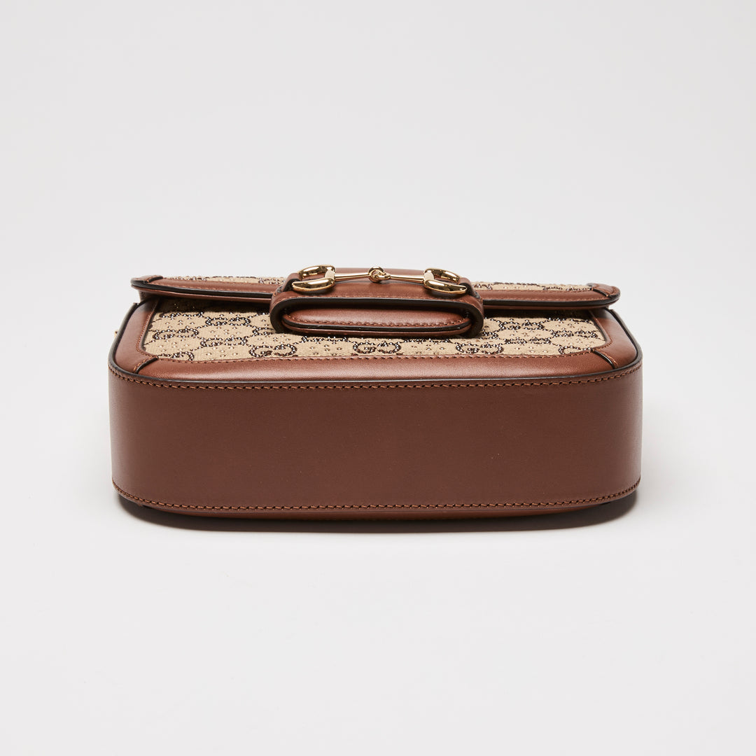 Gucci Brown Crystal GG Supreme Canvas & Calf Leather Horsebit 1955 Small Shoulder Bag