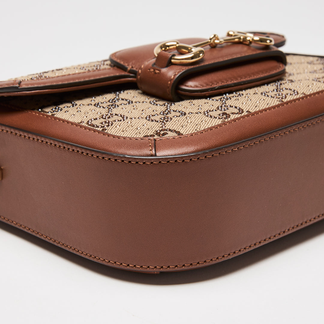 Gucci Brown Crystal GG Supreme Canvas & Calf Leather Horsebit 1955 Small Shoulder Bag
