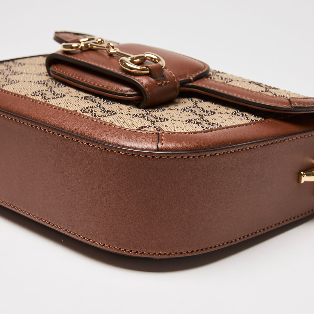 Gucci Brown Crystal GG Supreme Canvas & Calf Leather Horsebit 1955 Small Shoulder Bag