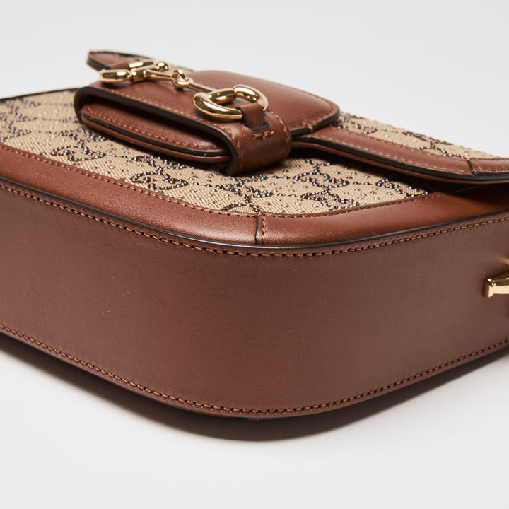Gucci Brown Crystal GG Supreme Canvas & Calf Leather Horsebit 1955 Small Shoulder Bag