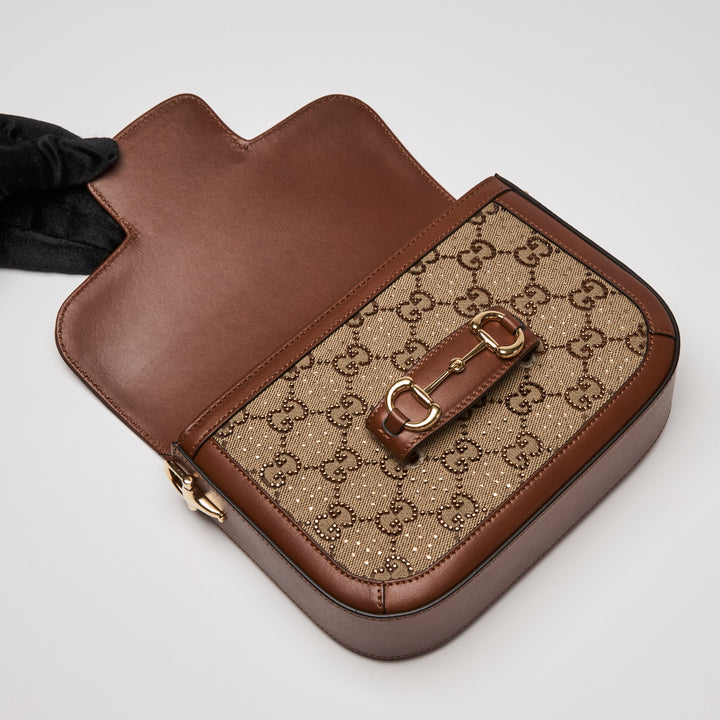 Gucci Brown Crystal GG Supreme Canvas & Calf Leather Horsebit 1955 Small Shoulder Bag