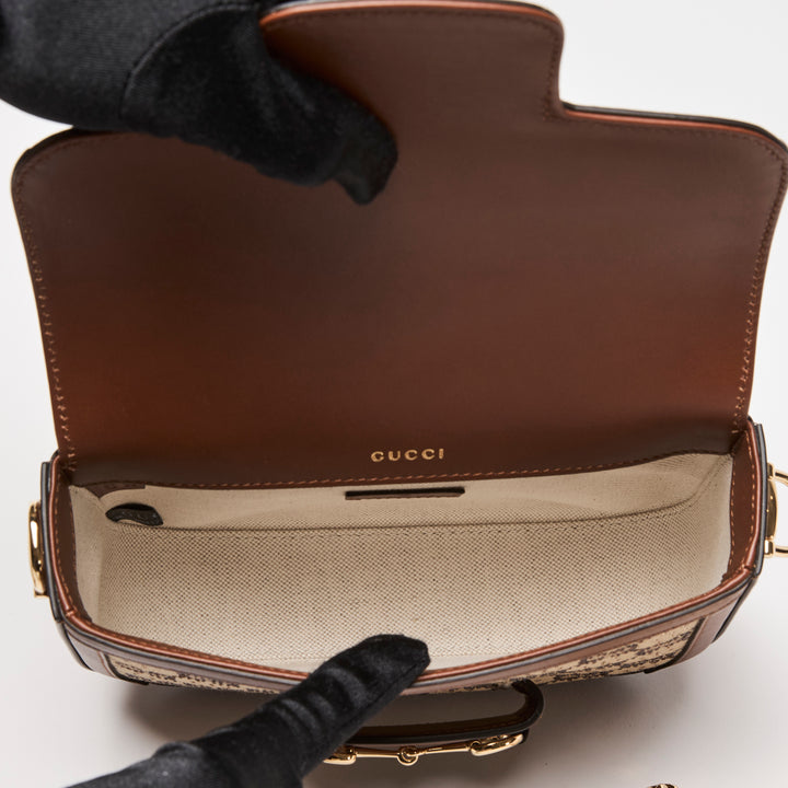 Gucci Brown Crystal GG Supreme Canvas & Calf Leather Horsebit 1955 Small Shoulder Bag