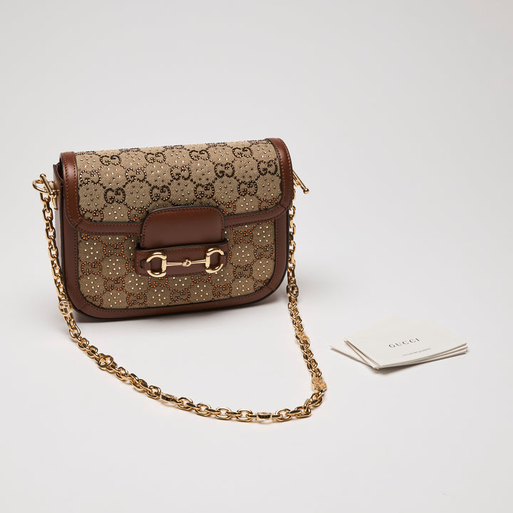 Gucci Brown Crystal GG Supreme Canvas & Calf Leather Horsebit 1955 Small Shoulder Bag
