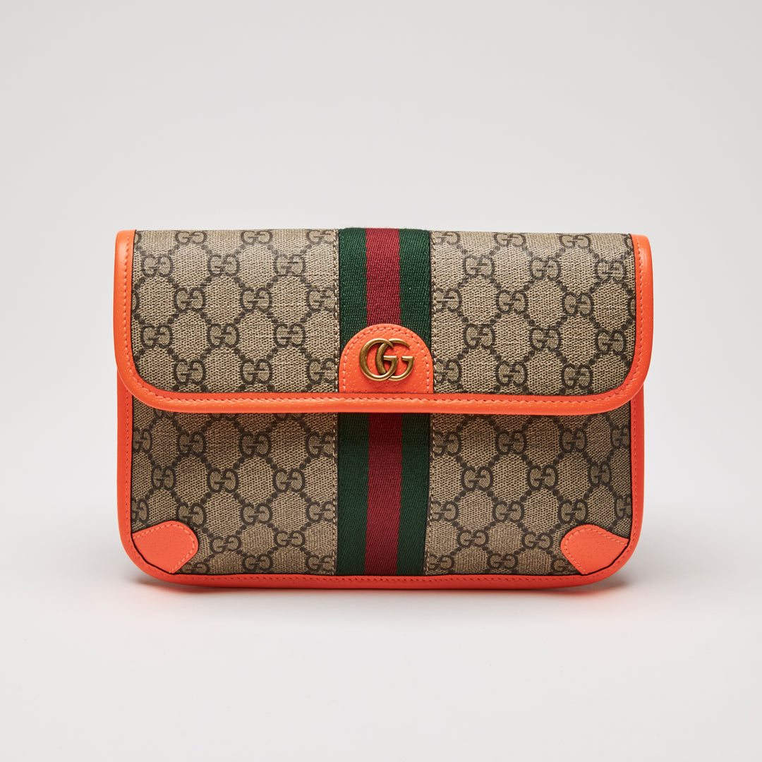 Gucci GG Supreme Canvas & Orange Calfskin Trim Ophidia Belt  display picture 1