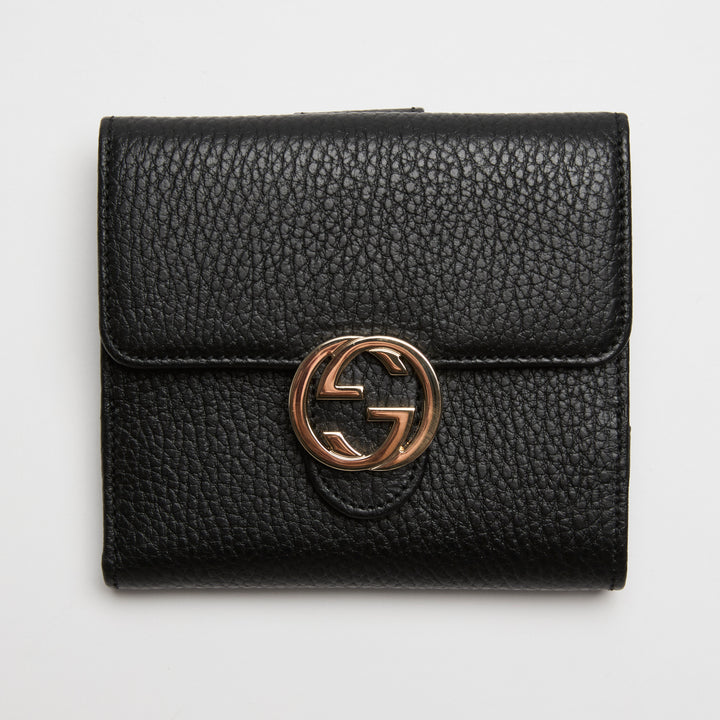 Gucci Black Grained Calf Leather Interlocking G Bifold Wallet
