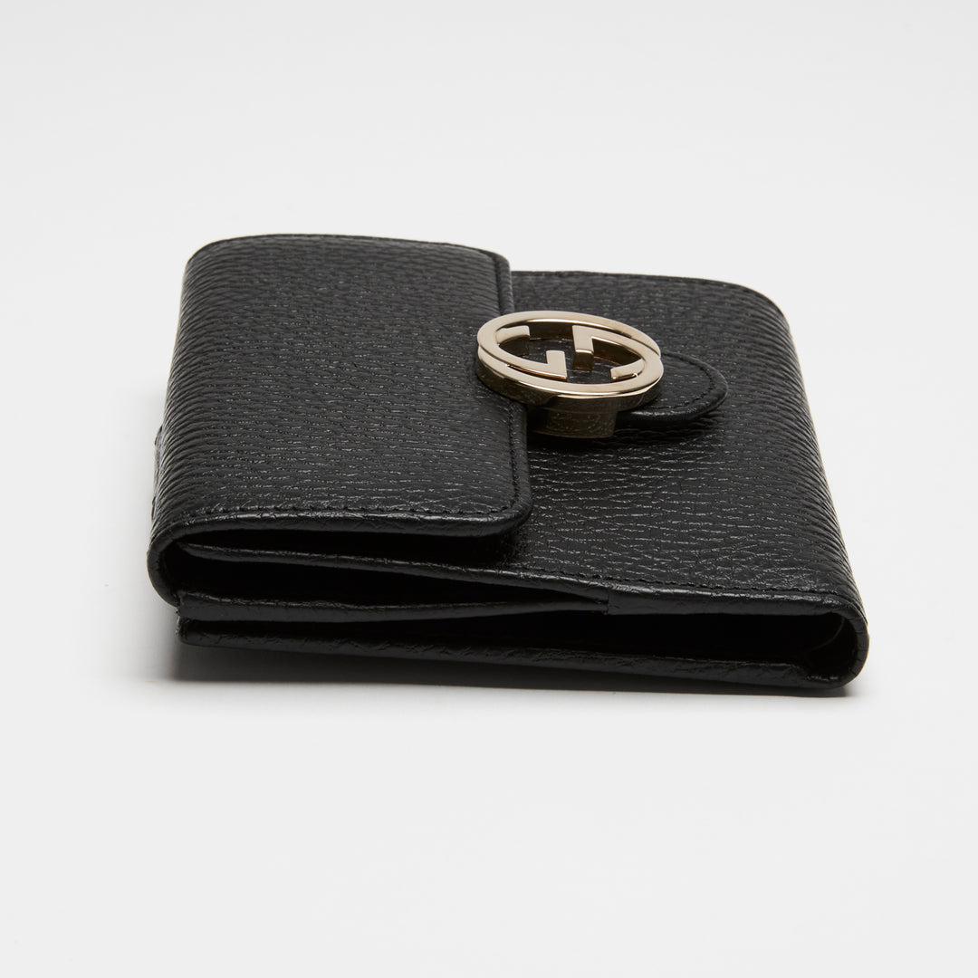 Gucci Black Grained Calf Leather Interlocking G Bifold Wallet