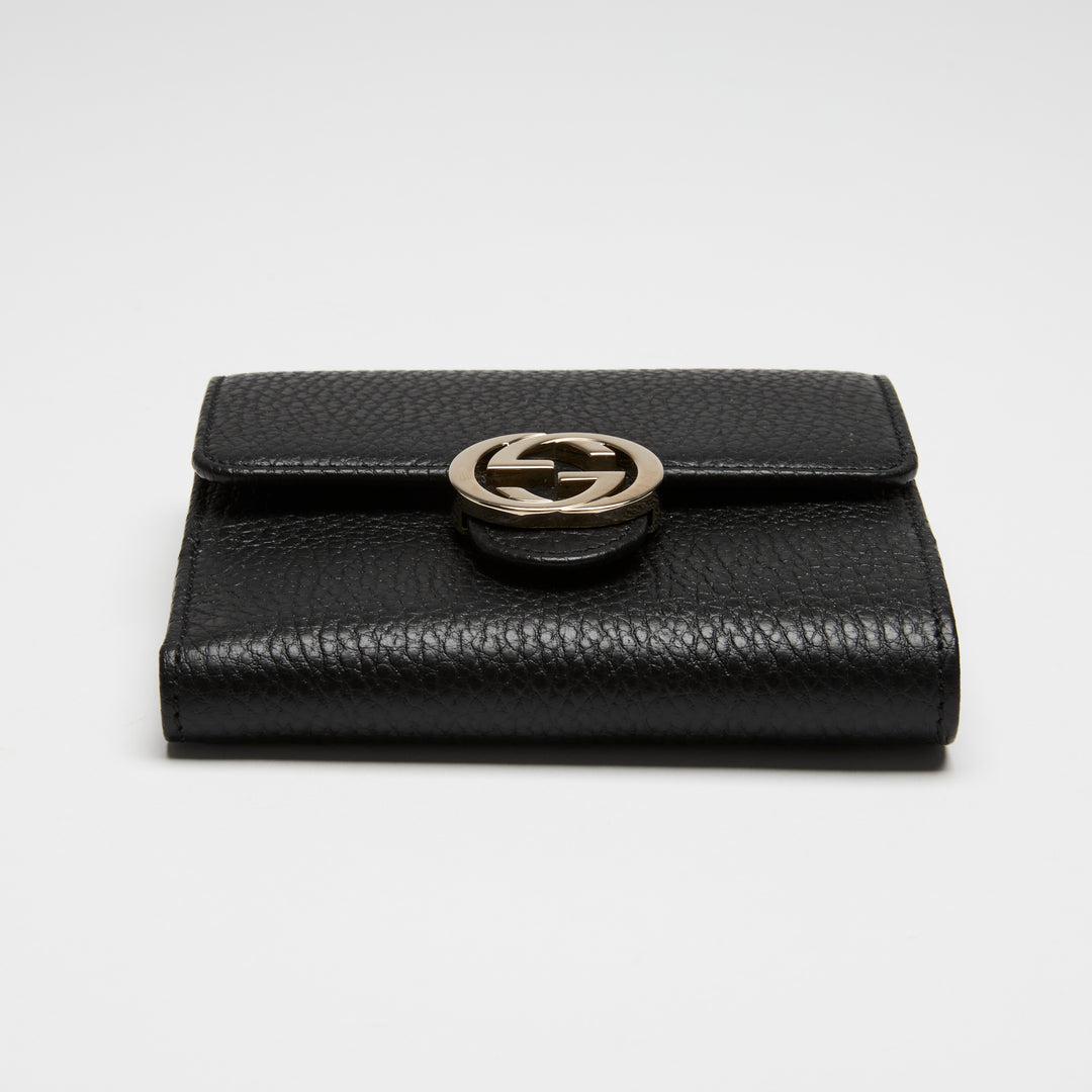 Gucci Black Grained Calf Leather Interlocking G Bifold Wallet