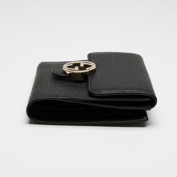Gucci Black Grained Calf Leather Interlocking G Bifold Wallet