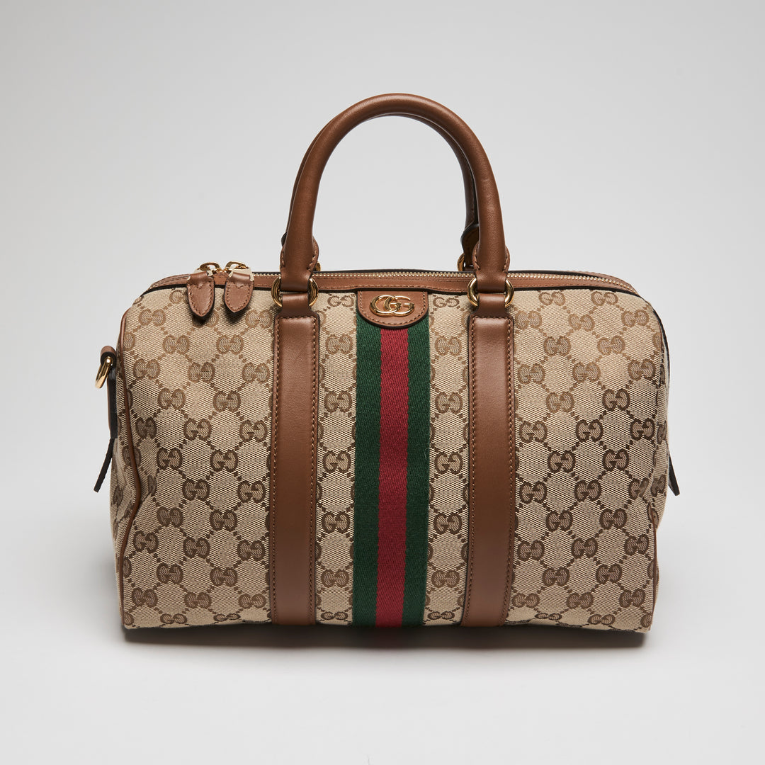 Gucci Brown Monogram Canvas Ophidia Medium Boston Bag