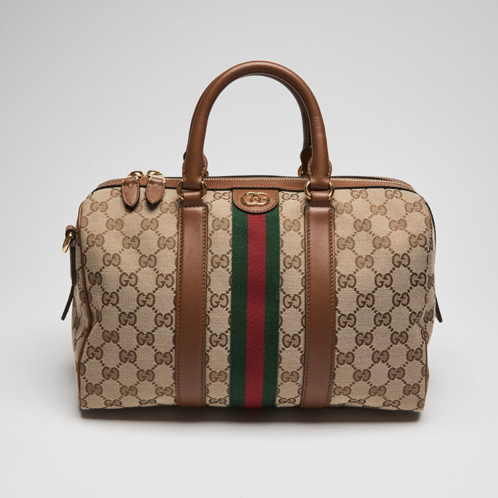 Gucci Brown Monogram Canvas Ophidia Medium Boston Bag