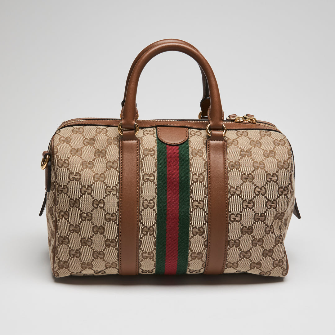 Gucci Brown Monogram Canvas Ophidia Medium Boston Bag