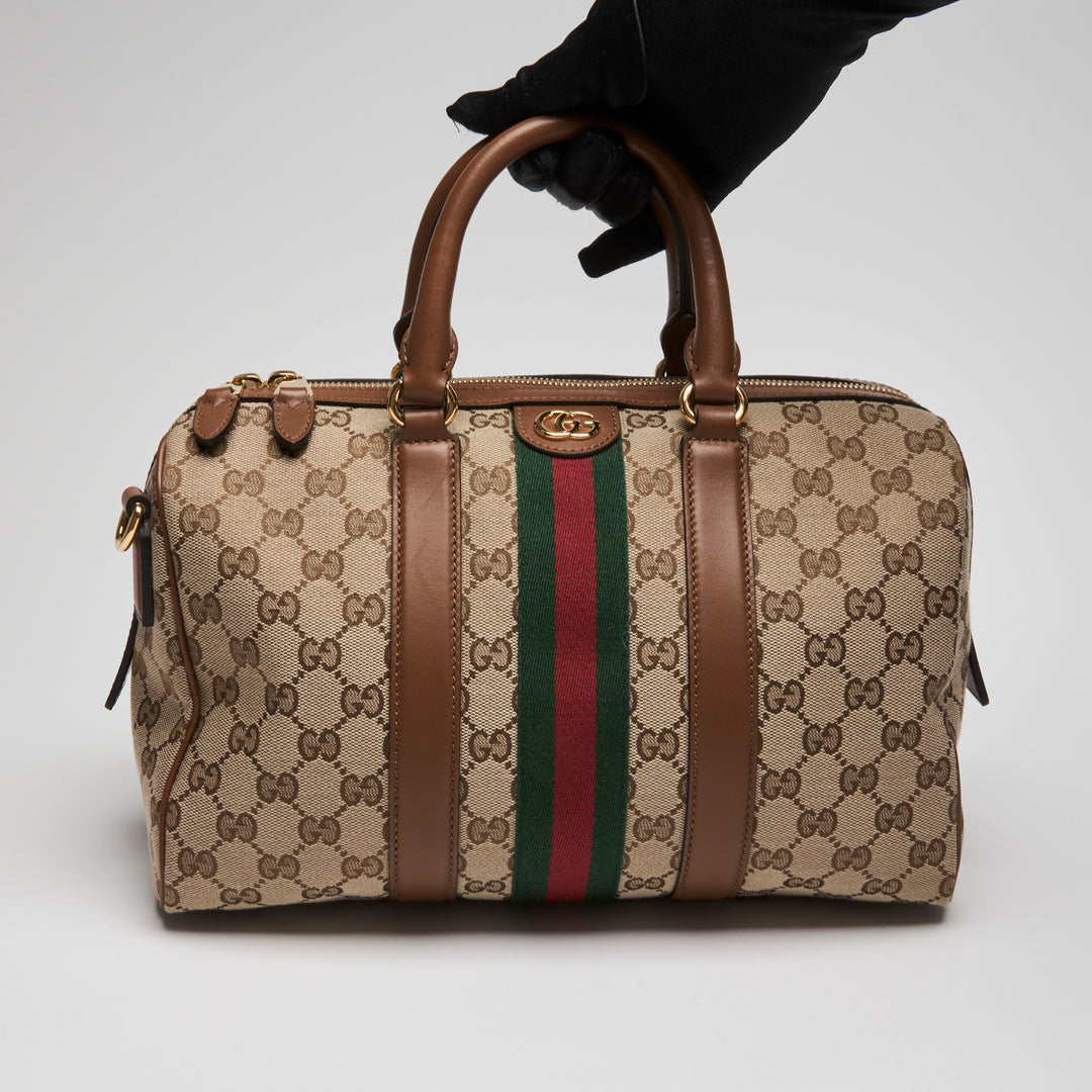 Gucci Brown Monogram Canvas Ophidia Medium Boston Bag