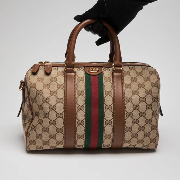 Gucci Brown Monogram Canvas Ophidia Medium Boston Bag