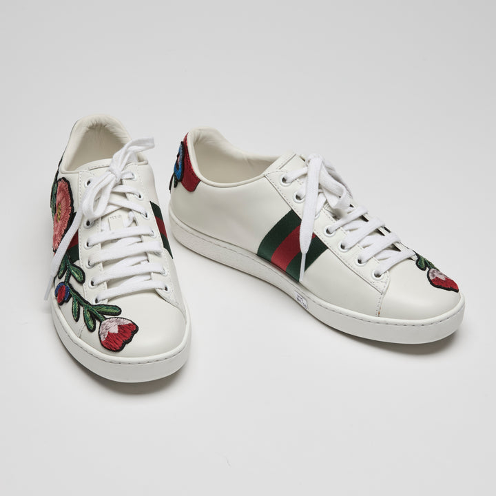 Gucci White Calf Leather Floral Ace Web Sneakers Size 37