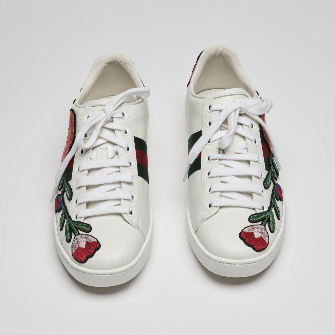 Gucci White Calf Leather Floral Ace Web Sneakers Size 37