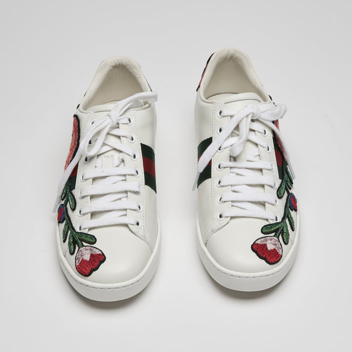 Gucci White Calf Leather Floral Ace Web Sneakers Size 37