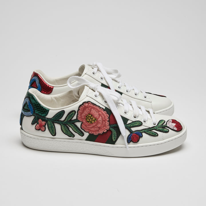 Gucci White Calf Leather Floral Ace Web Sneakers Size 37