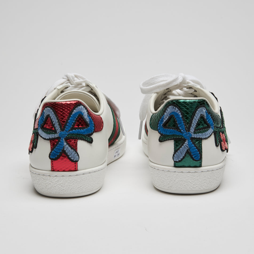 Gucci White Calf Leather Floral Ace Web Sneakers Size 37