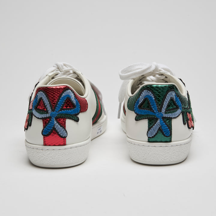 Gucci White Calf Leather Floral Ace Web Sneakers Size 37
