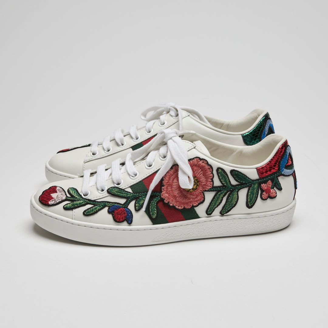 Gucci White Calf Leather Floral Ace Web Sneakers Size 37