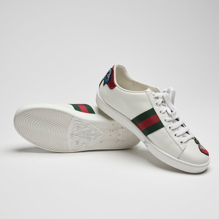 Gucci White Calf Leather Floral Ace Web Sneakers Size 37