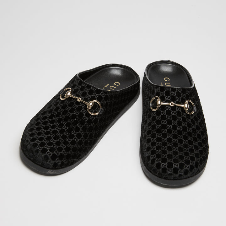 Gucci Black GG Velvet Horsebit Mules Size 39