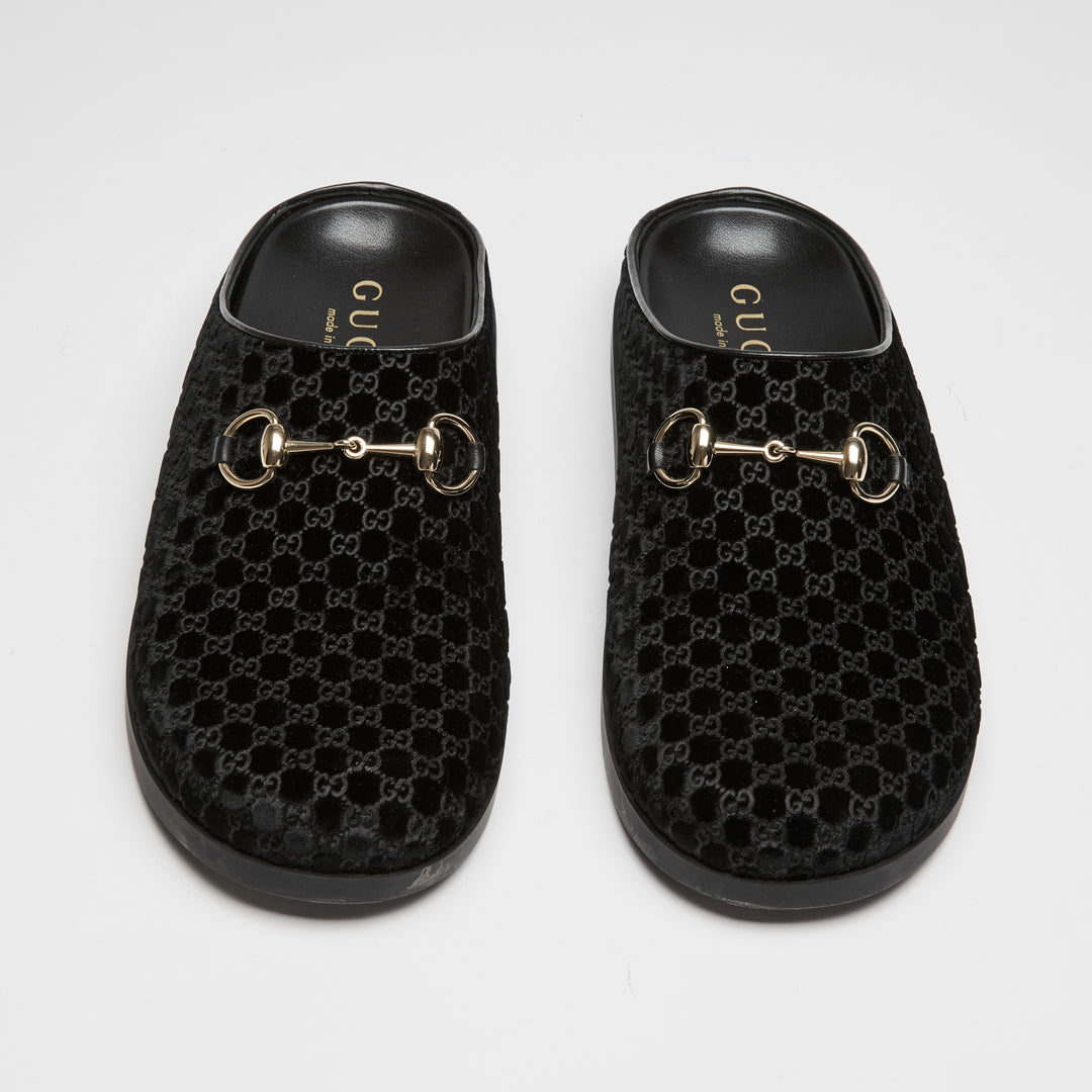 Gucci Black GG Velvet Horsebit Mules Size 39