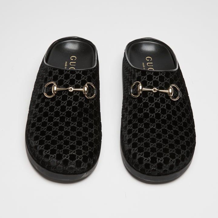 Gucci Black GG Velvet Horsebit Mules Size 39