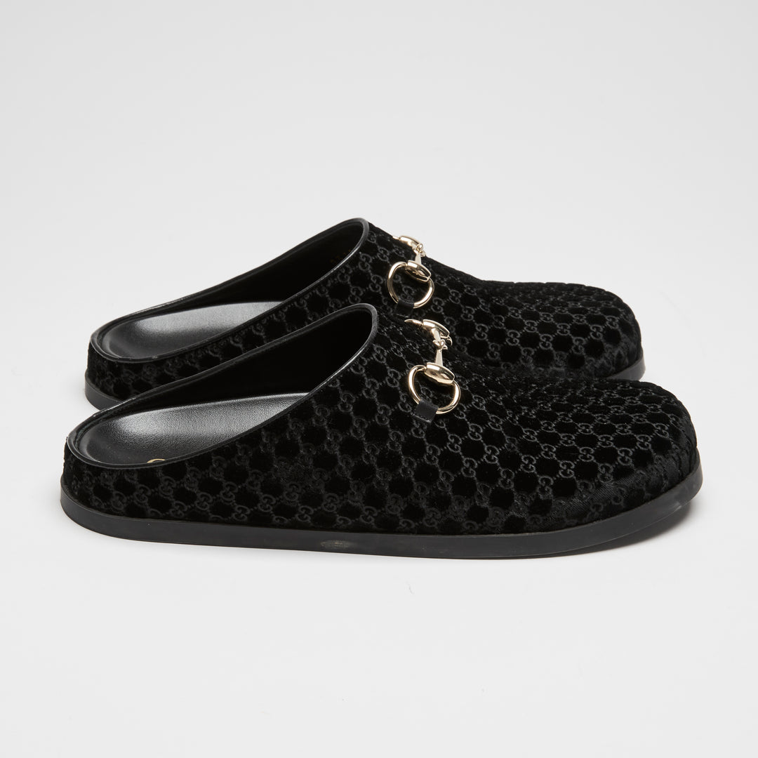 Gucci Black GG Velvet Horsebit Mules Size 39