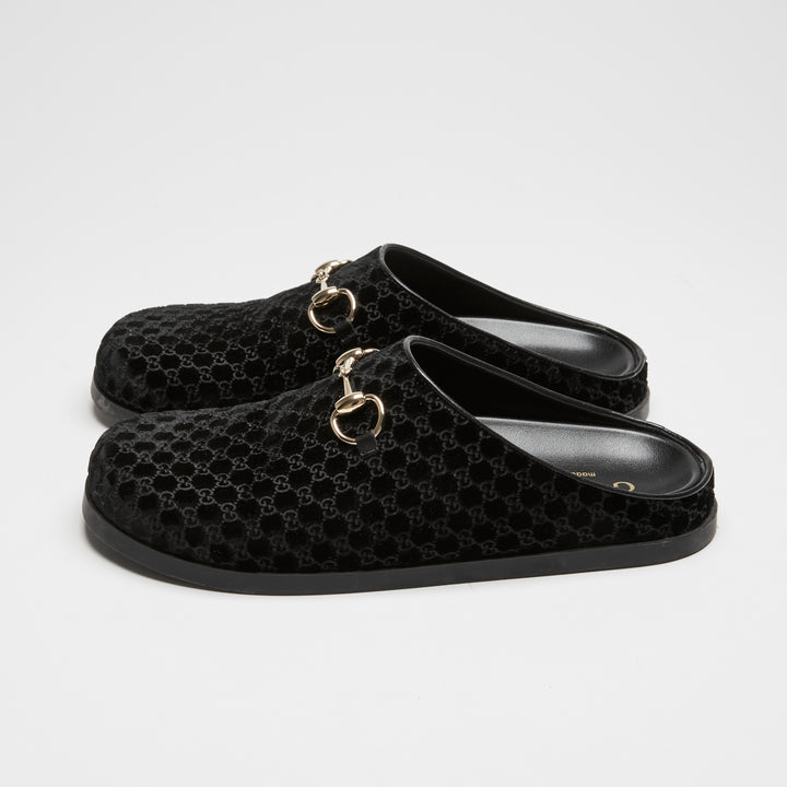 Gucci Black GG Velvet Horsebit Mules Size 39