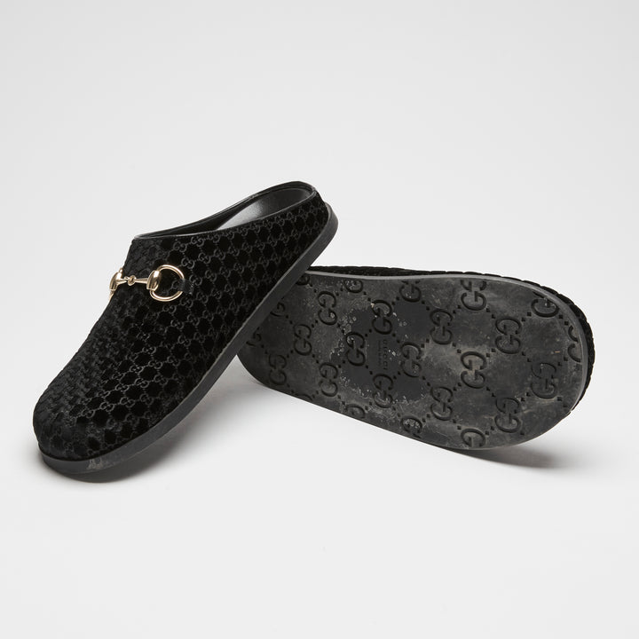 Gucci Black GG Velvet Horsebit Mules Size 39