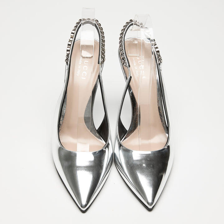 Gucci Silver Patent Leather Slingbacks Size 39