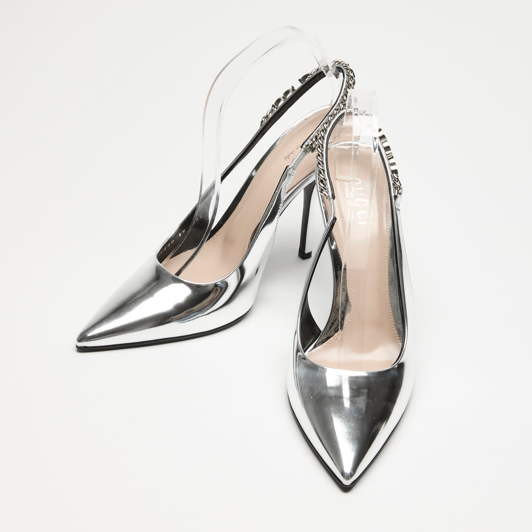 Gucci Silver Patent Leather Slingbacks Size 39