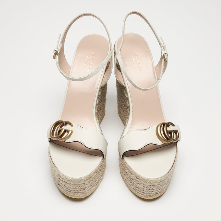 Gucci White Calf Leather GG Marmont Wedge Espadrilles Size 40