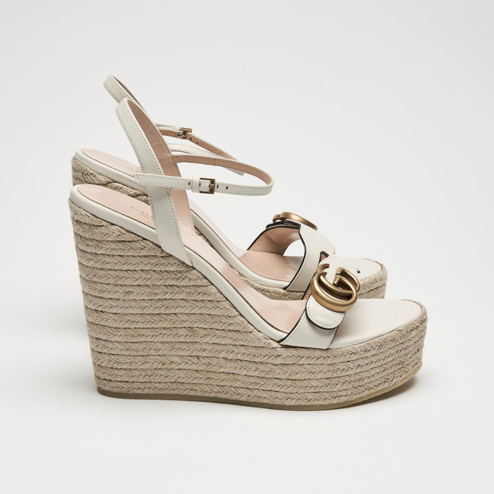 Gucci White Calf Leather GG Marmont Wedge Espadrilles Size 40