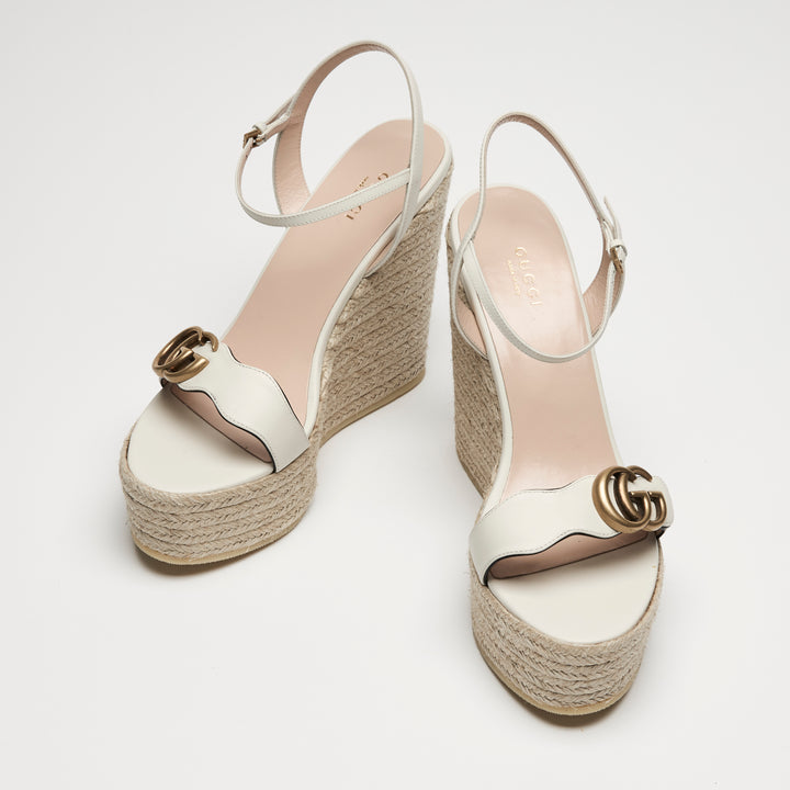 Gucci White Calf Leather GG Marmont Wedge Espadrilles Size 40