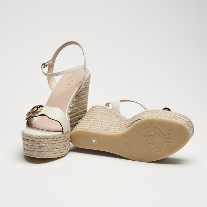 Gucci White Calf Leather GG Marmont Wedge Espadrilles Size 40