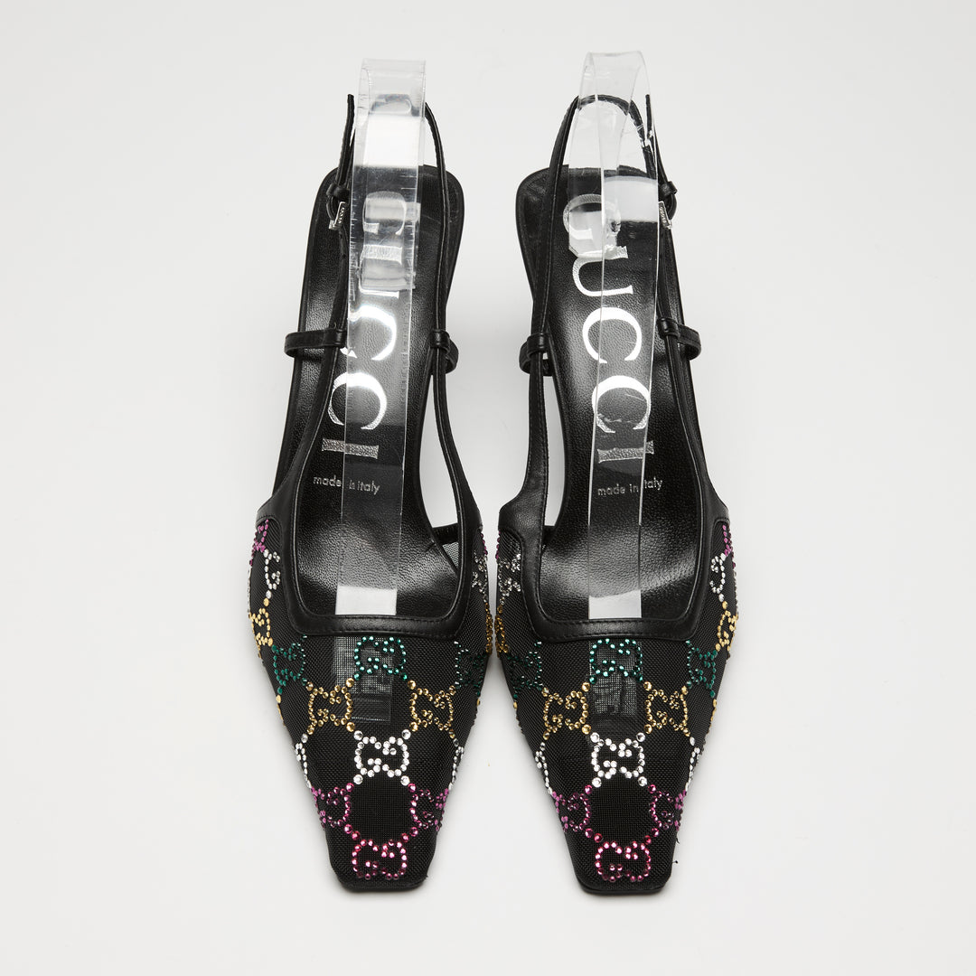 Gucci Black Mesh & Leather Multicolour Crystal GG Slingbacks Size 38