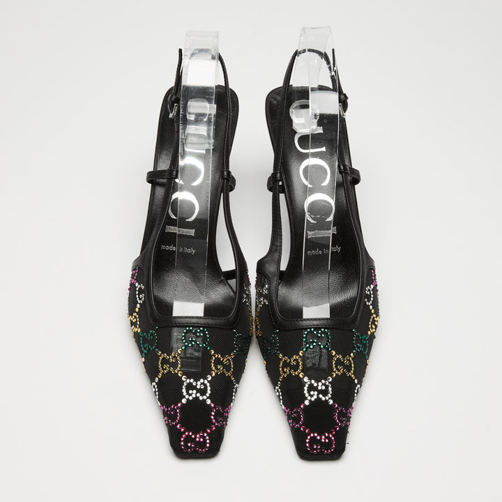 Gucci Black Mesh & Leather Multicolour Crystal GG Slingbacks Size 38