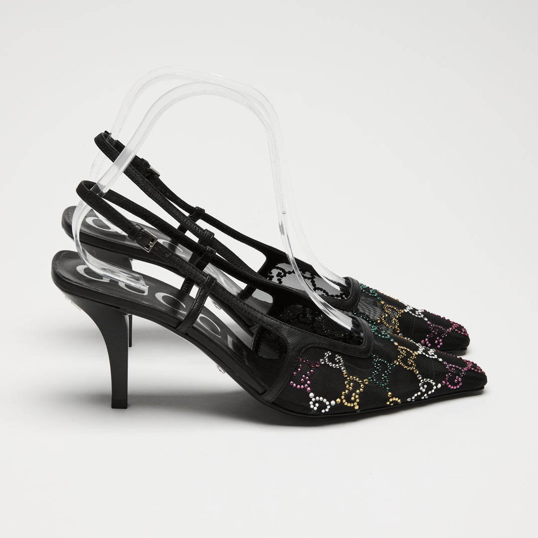 Gucci Black Mesh & Leather Multicolour Crystal GG Slingbacks Size 38