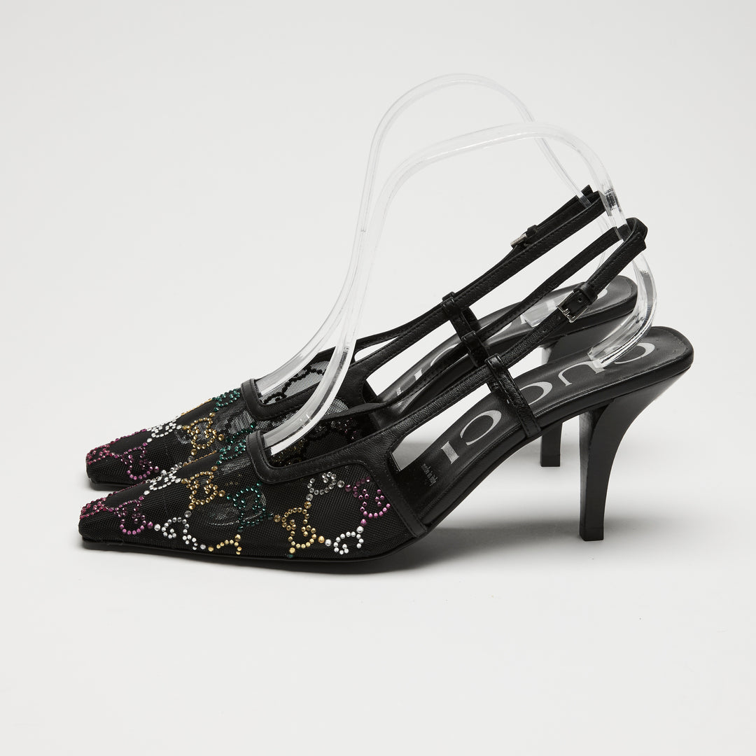 Gucci Black Mesh & Leather Multicolour Crystal GG Slingbacks Size 38