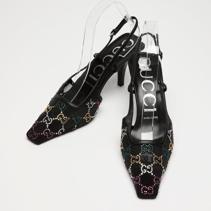 Gucci Black Mesh & Leather Multicolour Crystal GG Slingbacks Size 38