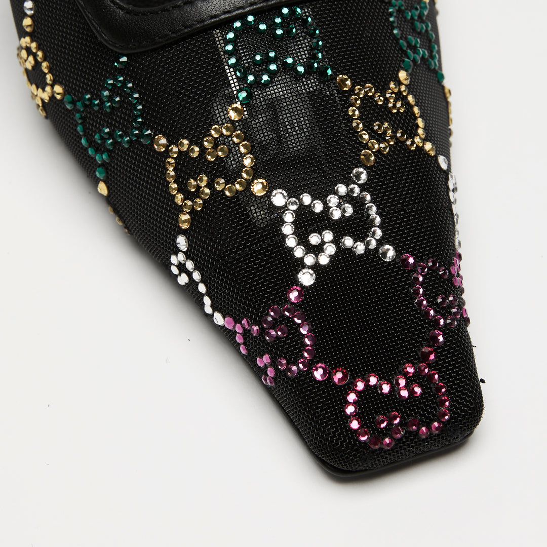 Gucci Black Mesh & Leather Multicolour Crystal GG Slingbacks Size 38