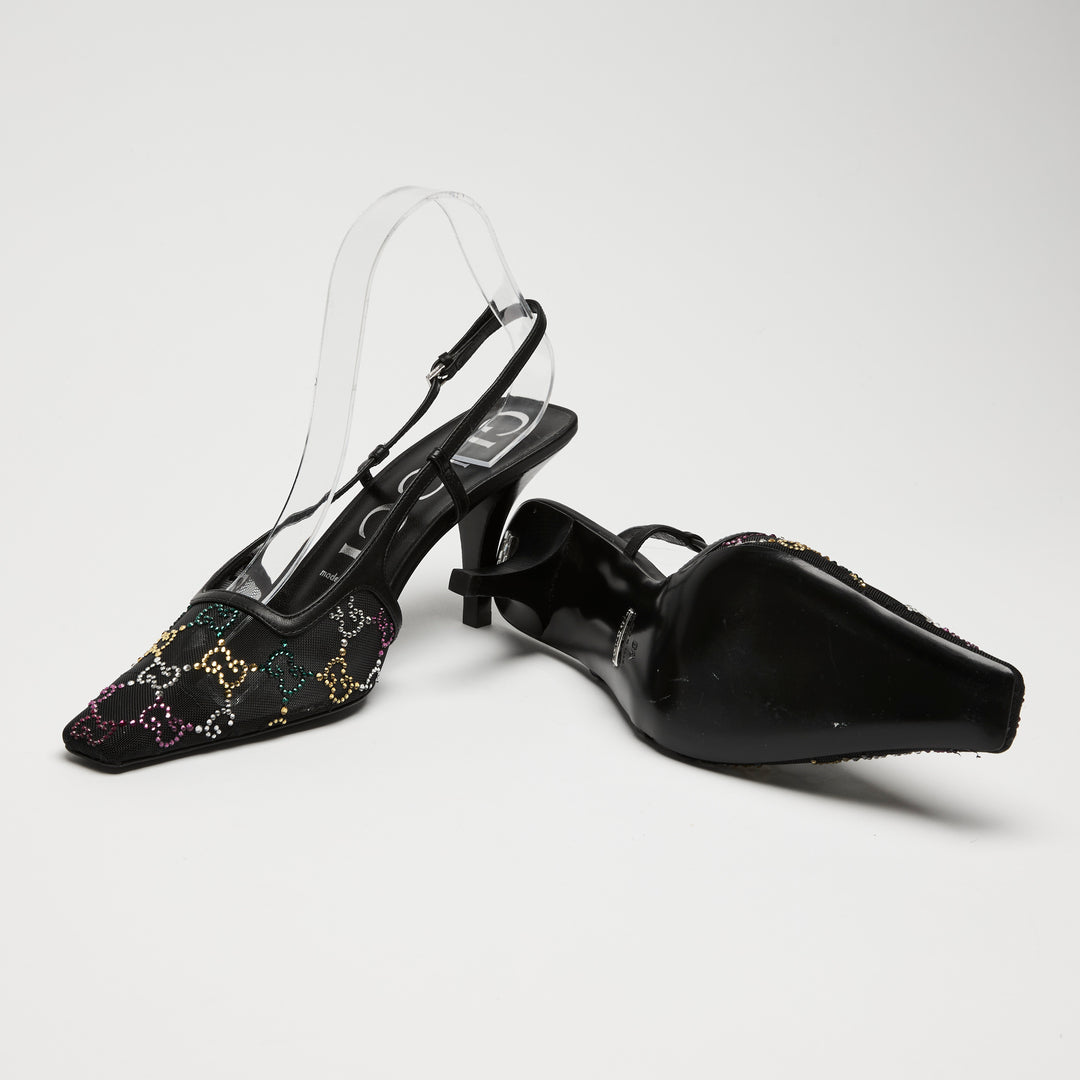 Gucci Black Mesh & Leather Multicolour Crystal GG Slingbacks Size 38