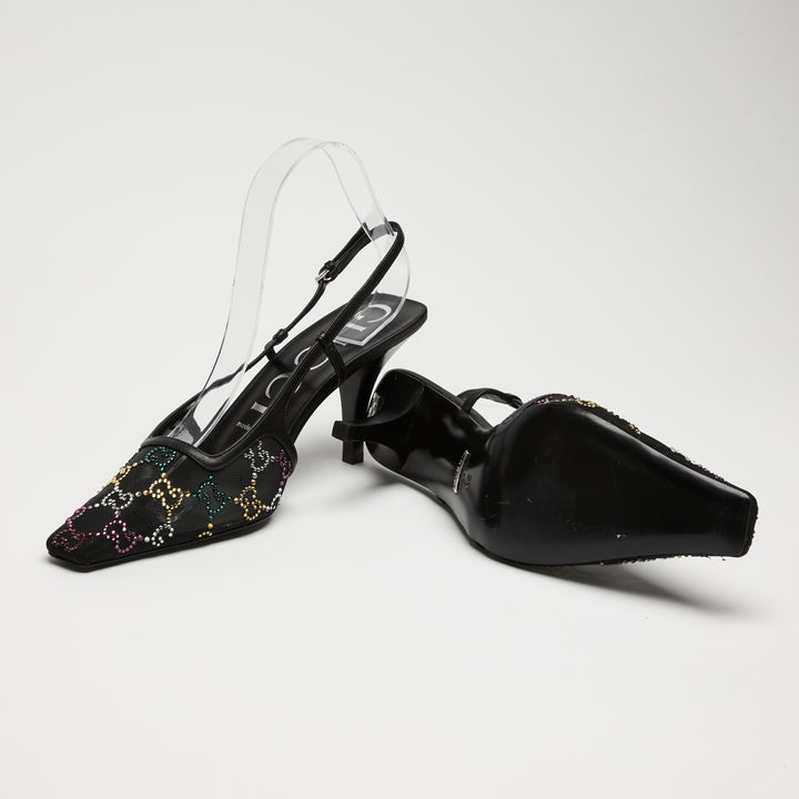 Gucci Black Mesh & Leather Multicolour Crystal GG Slingbacks Size 38