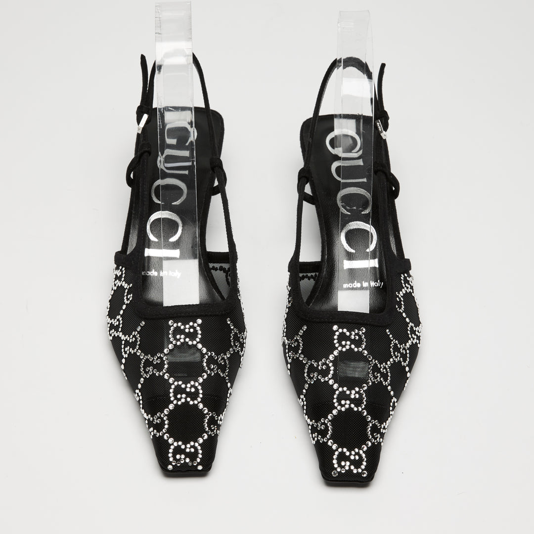 Gucci Black Mesh & Suede Crystal GG Kitten Heel Slingbacks Size 36